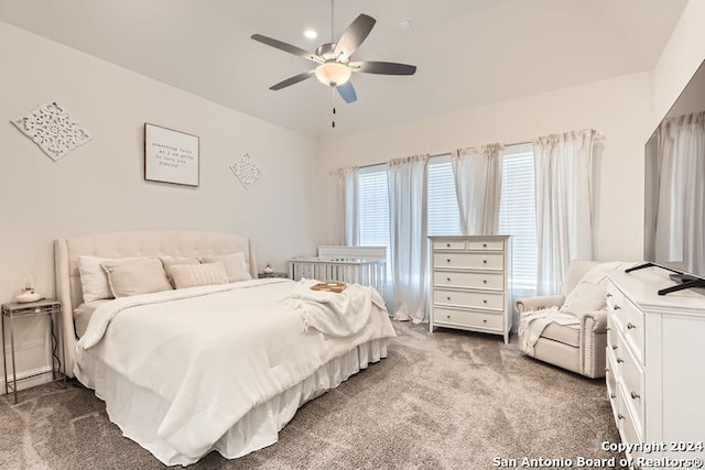 carpeted bedroom featuring ceiling fan