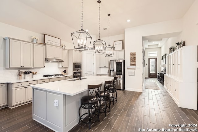 kitchen with dark hardwood / wood-style floors, sink, stainless steel appliances, and a kitchen island with sink