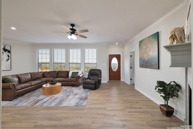 living room featuring ceiling fan, light hardwood / wood-style floors, and ornamental molding