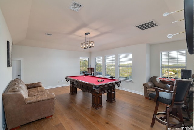 game room with dark hardwood / wood-style flooring, lofted ceiling, and pool table