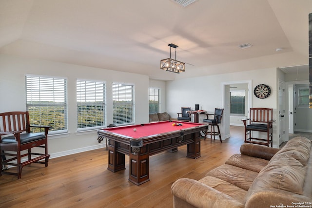 rec room featuring light hardwood / wood-style floors and pool table