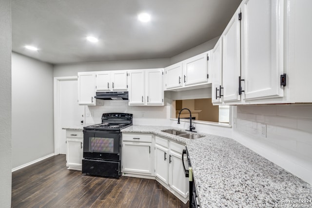 kitchen with sink, dark wood-type flooring, light stone counters, black electric range oven, and white cabinets