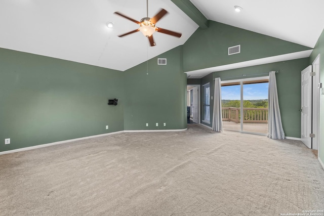 206 Bluff Holw, San Antonio, TX 78216 - unfurnished living room with high vaulted ceiling, a ceiling fan, beam ceiling, baseboards, and carpet floors