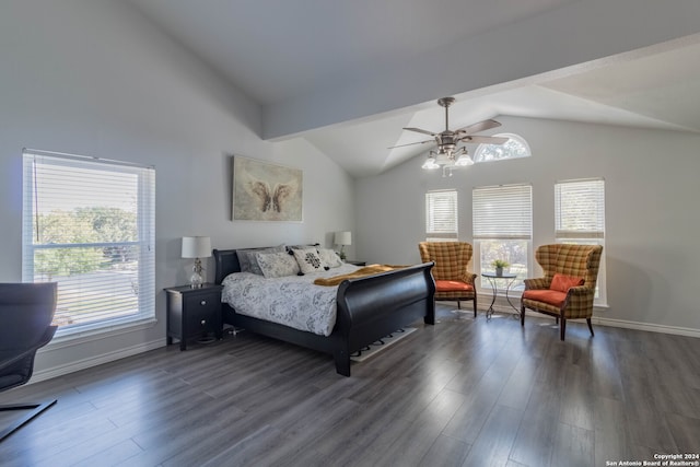 bedroom featuring vaulted ceiling with beams, ceiling fan, and dark hardwood / wood-style flooring