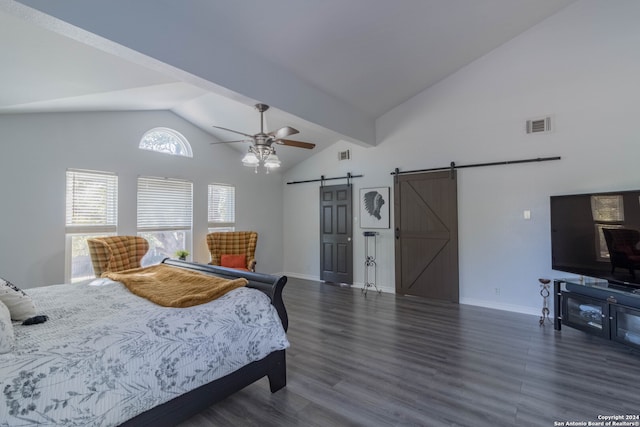 bedroom featuring high vaulted ceiling, ceiling fan, a barn door, dark hardwood / wood-style floors, and beamed ceiling