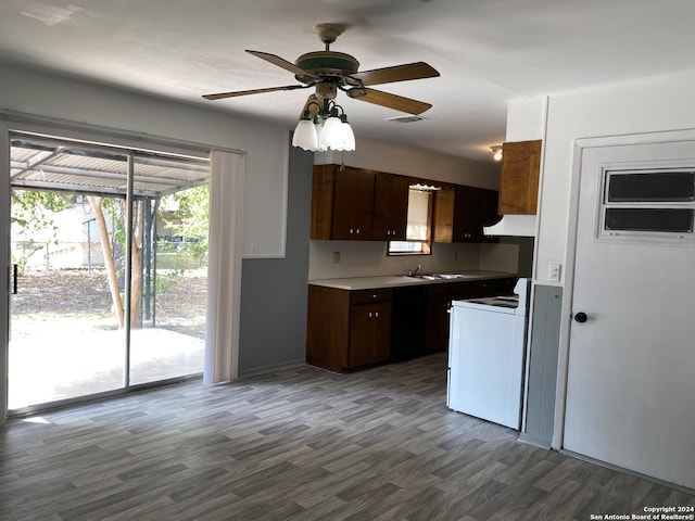 kitchen with ceiling fan, dark brown cabinets, electric stove, and dark wood-type flooring