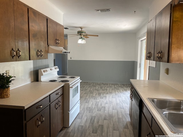 kitchen featuring ventilation hood, sink, light hardwood / wood-style flooring, dishwasher, and white range with electric cooktop