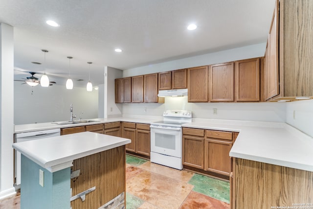 kitchen with sink, decorative light fixtures, ceiling fan, white range with electric stovetop, and kitchen peninsula