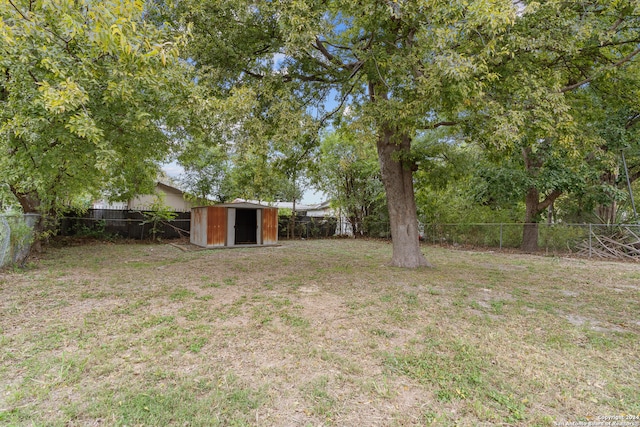 view of yard featuring a storage unit