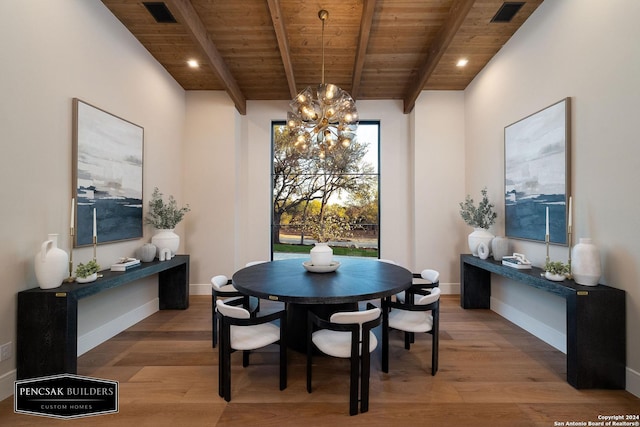 dining area with beamed ceiling, wood ceiling, a notable chandelier, and light wood-type flooring