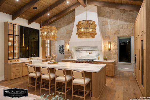 bar featuring wooden ceiling, beamed ceiling, and light hardwood / wood-style floors