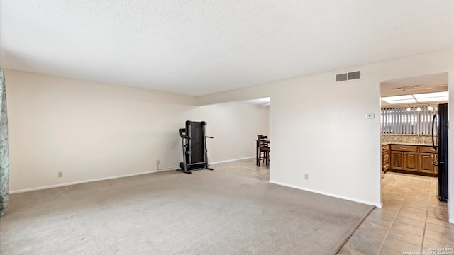 spare room featuring light colored carpet and a textured ceiling