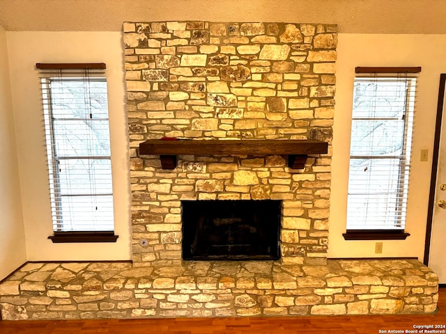 details with a stone fireplace and hardwood / wood-style floors