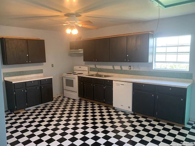 kitchen featuring white appliances, sink, ceiling fan, tasteful backsplash, and dark brown cabinetry