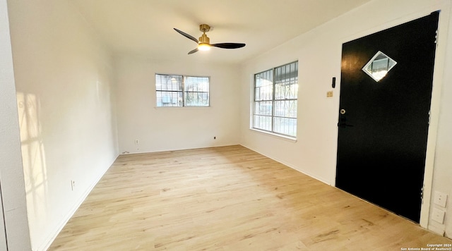 entrance foyer featuring ceiling fan and light wood-type flooring