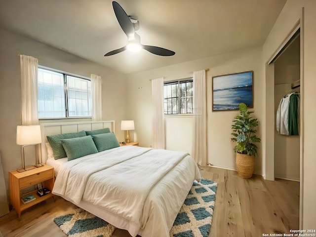 bedroom with multiple windows, ceiling fan, a closet, and light hardwood / wood-style floors