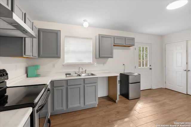 kitchen with gray cabinets, light hardwood / wood-style floors, sink, and stainless steel appliances