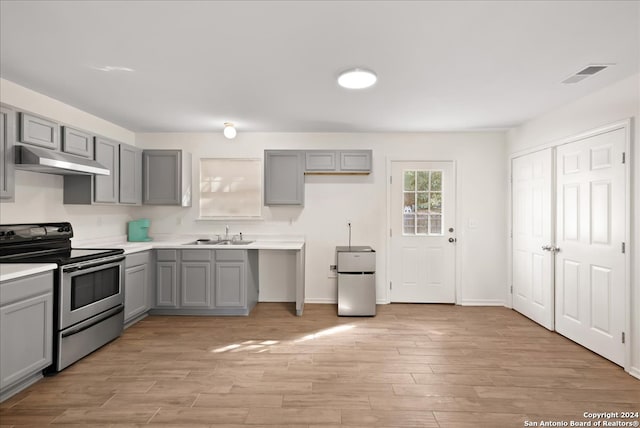 kitchen featuring sink, stainless steel appliances, gray cabinets, and light hardwood / wood-style flooring