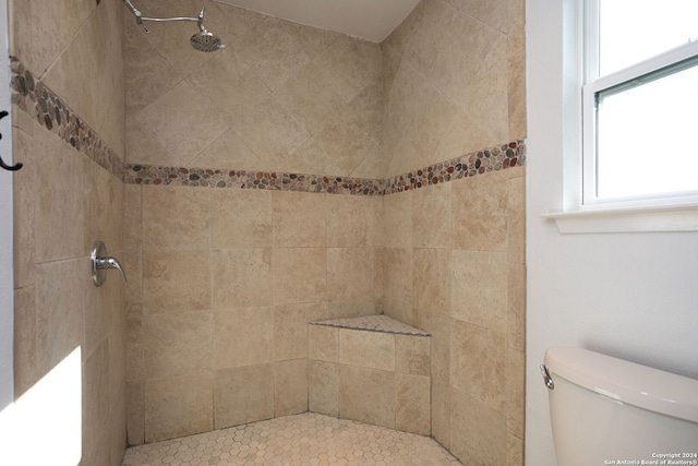 bathroom with a tile shower and toilet