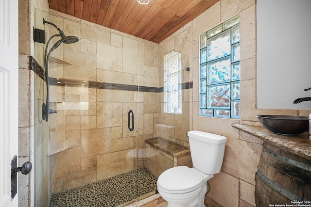 bathroom featuring a shower with door, toilet, wood ceiling, and sink