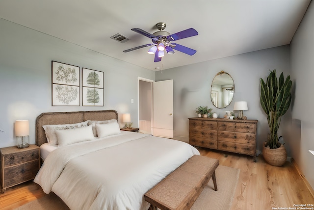 bedroom with ceiling fan and light wood-type flooring