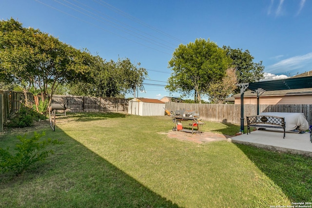 view of yard featuring a storage shed and a patio area