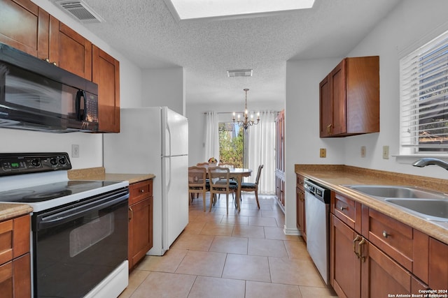 kitchen with dishwasher, sink, white range with electric cooktop, a chandelier, and light tile patterned flooring