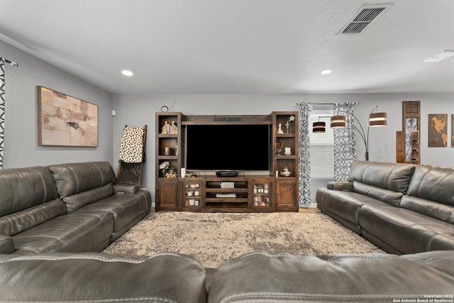 living room featuring a textured ceiling