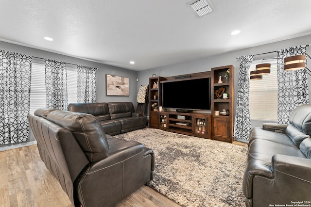 living room with a textured ceiling and light hardwood / wood-style flooring