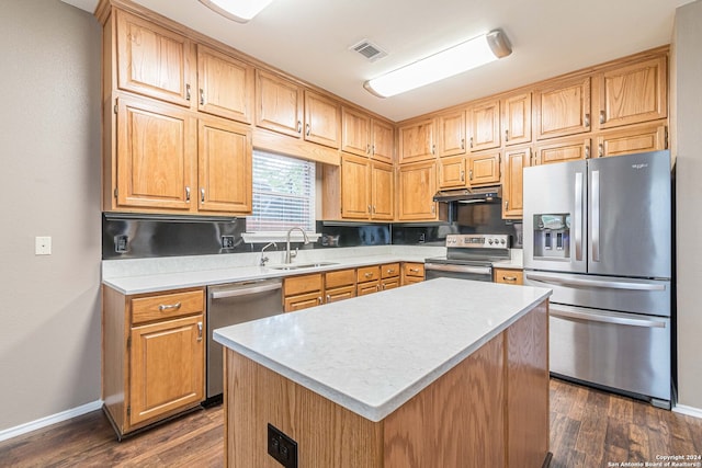 kitchen featuring a center island, stainless steel appliances, dark hardwood / wood-style floors, and sink