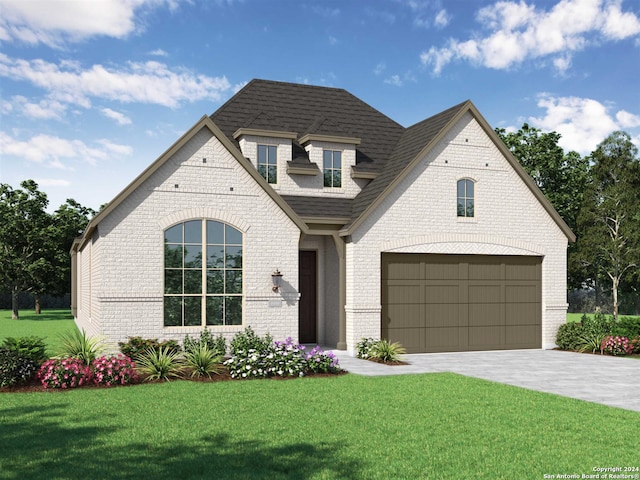 french country style house featuring a garage and a front lawn