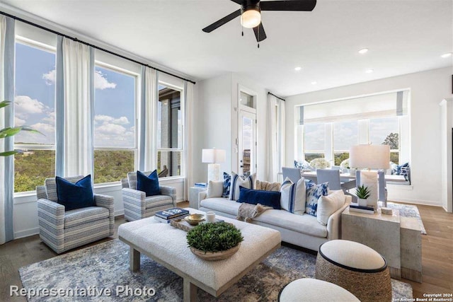 living room with hardwood / wood-style floors and ceiling fan