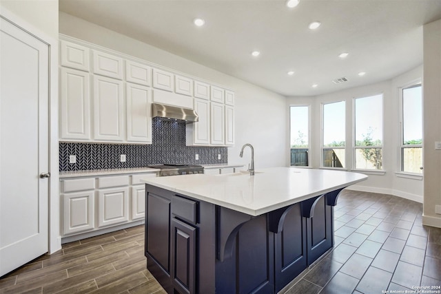 kitchen with white cabinetry, visible vents, under cabinet range hood, and a sink