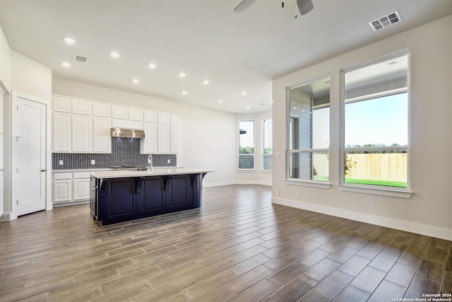 kitchen featuring a center island with sink, white cabinetry, and a wealth of natural light