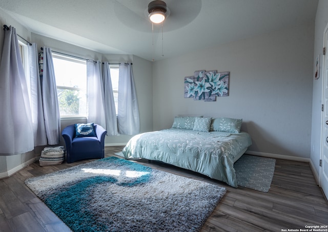 bedroom featuring ceiling fan and dark hardwood / wood-style flooring