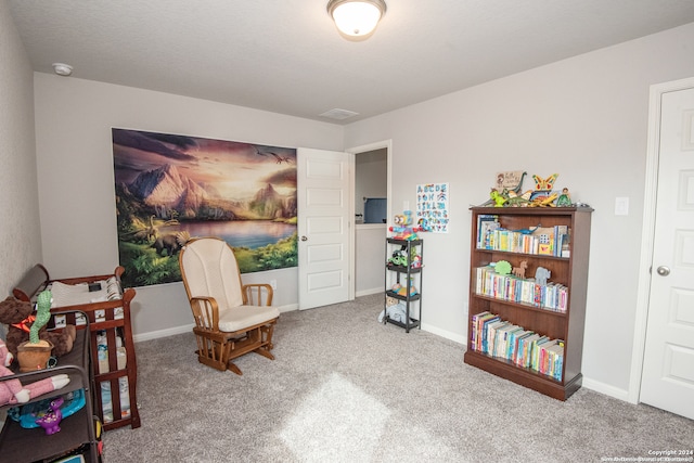 living area featuring carpet