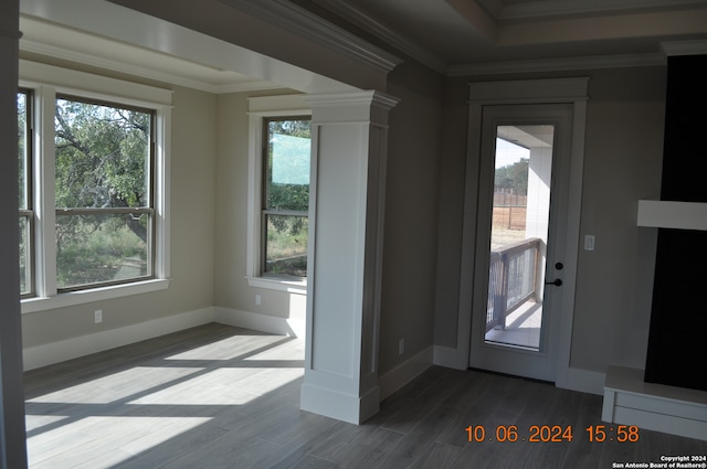 entrance foyer with ornamental molding, a healthy amount of sunlight, and hardwood / wood-style flooring