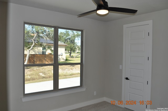 empty room featuring carpet flooring, a wealth of natural light, and ceiling fan