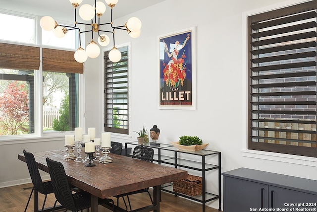 dining space featuring dark wood-type flooring and a notable chandelier