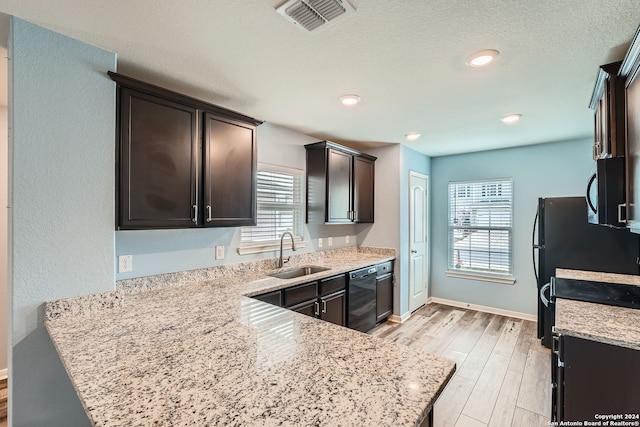 kitchen with light wood-type flooring, plenty of natural light, black appliances, and sink