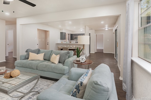 living room with hardwood / wood-style floors and ceiling fan