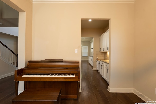 miscellaneous room with dark hardwood / wood-style floors and crown molding