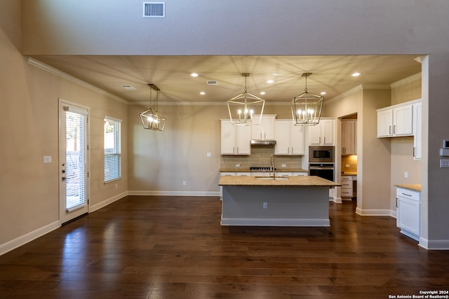 kitchen featuring dark hardwood / wood-style flooring, an island with sink, pendant lighting, and appliances with stainless steel finishes