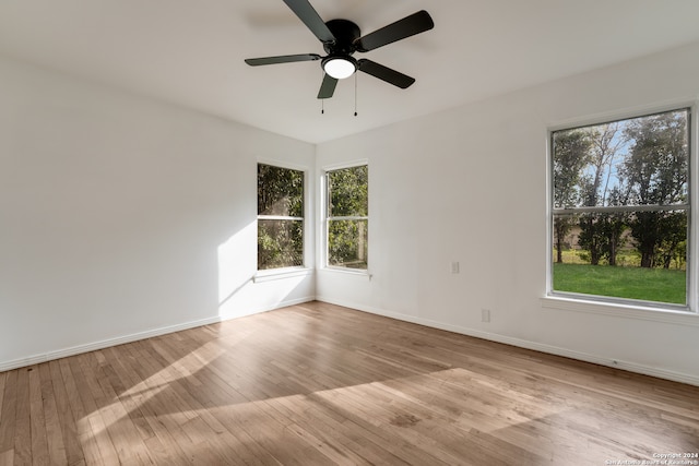 unfurnished room with ceiling fan and light wood-type flooring