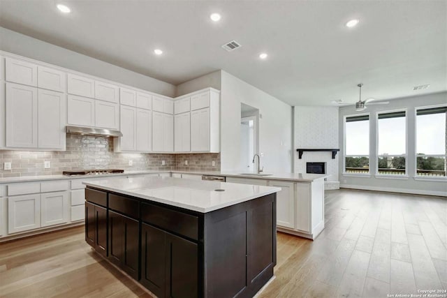 kitchen with sink, a center island, a large fireplace, white cabinets, and light wood-type flooring