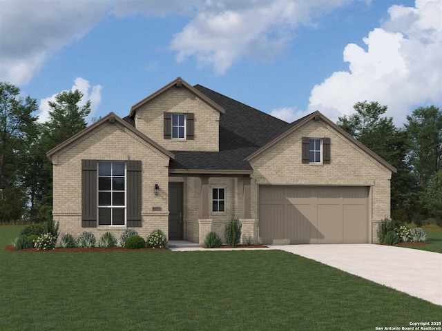 craftsman house featuring a garage and a front lawn