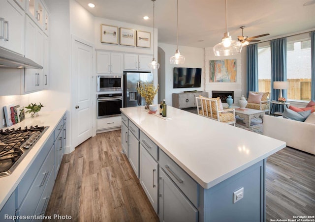 kitchen featuring white cabinetry, a large fireplace, stainless steel appliances, and a kitchen island