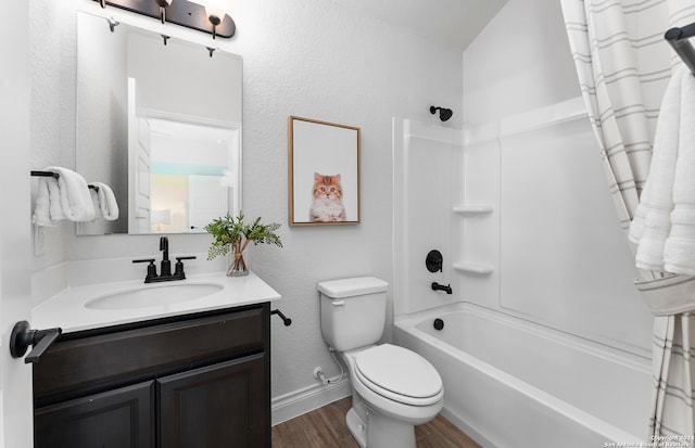 full bathroom with wood-type flooring, vanity, toilet, and shower / bath combination with curtain