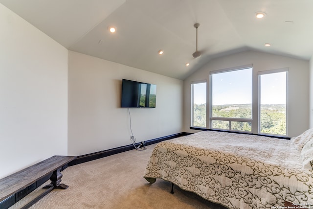 carpeted bedroom featuring lofted ceiling