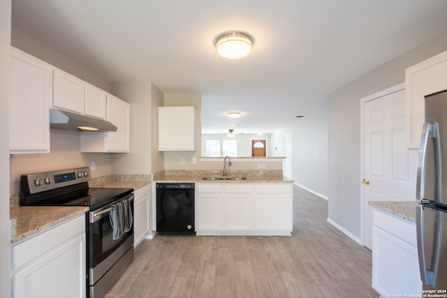 kitchen with white cabinetry, sink, kitchen peninsula, and stainless steel appliances